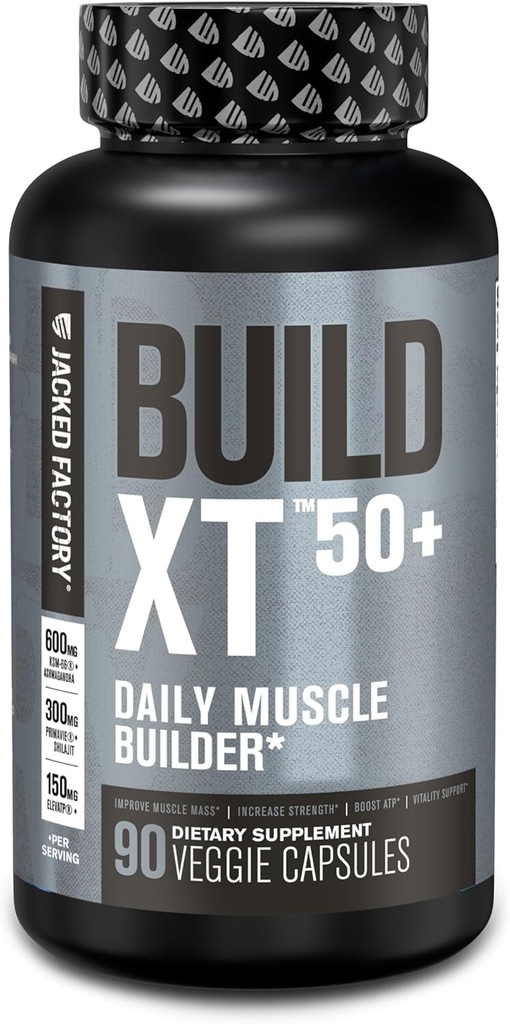 Jacked Factory Build-XT 50+ Daglig muskelbygger - Muskelgjenoppretting Supplement og muskelbygger for menn og kvinner med KSM-66 Ashwagandha, Primavie Shilajit, ElevATP, & Astragin - 90 Count