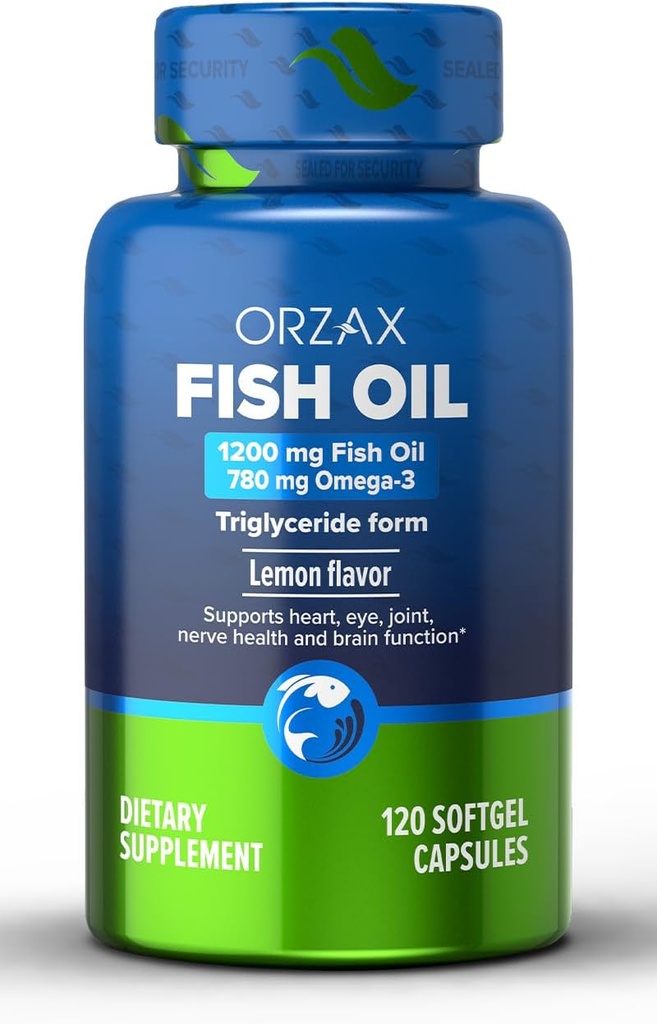 ORZAX Omega 3 Fiskeolje 1200 mg - EPA DHA Omega 3 Supplement - Fremmer hjerte, øye, felles, nerve, immun, hjerne og blod helse - Burpless & Lemon Flavored - Ikke-GMO - 120 Softgels - 60 dagers levering