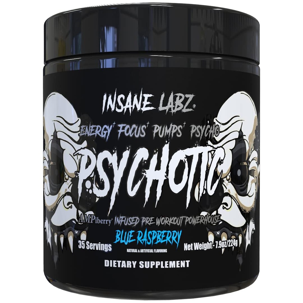Insane Labz Psykotisk Black Edition Midt stimulant pre trening pulver, energi fokuspumper, lastet med kreatin beta Alanine Taurin drevet av ampiberry, 35 serveringer (blå bringebær)