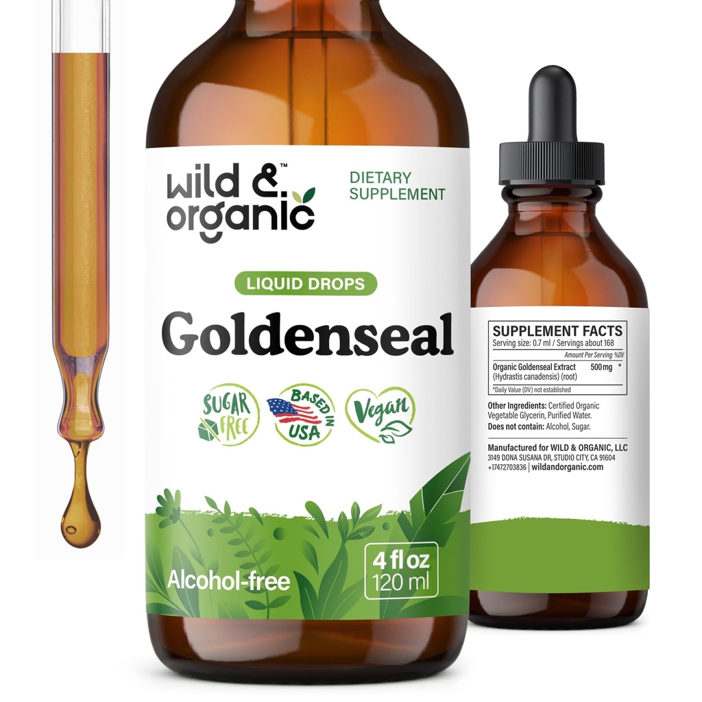 Wild & Organic Goldenseal Tinktur - Lung & Digestive Support - Goldenseal Root Extract flytende dråper - Vegan, Sukker & alkoholfri urt Supplement - 4 fl oz