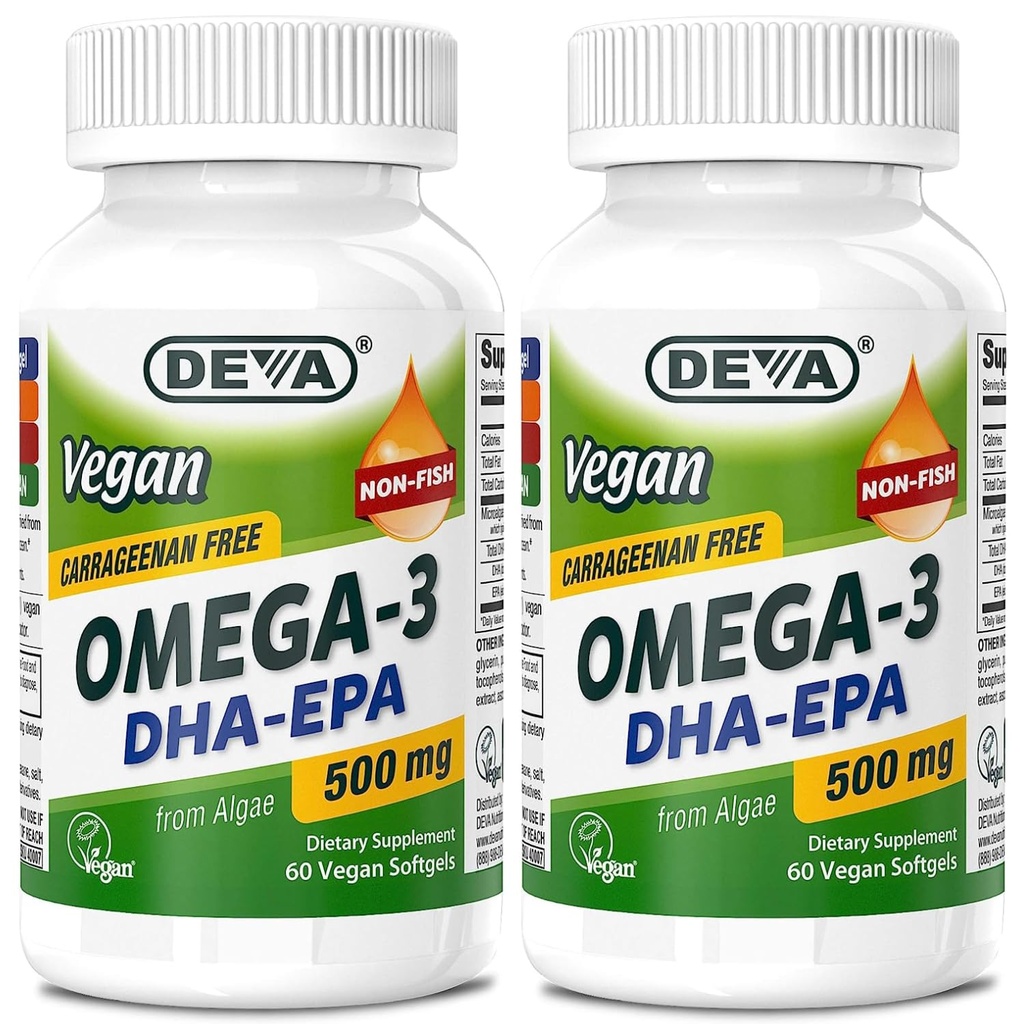DEVA Vegan Omega-3 DHA-EPA 500MG 2-Pack - Ingen Carrageenan, ikke-fish olje avledet fra Algae, ikke-GMO, 60 Gelatin-fri Softgels Ea