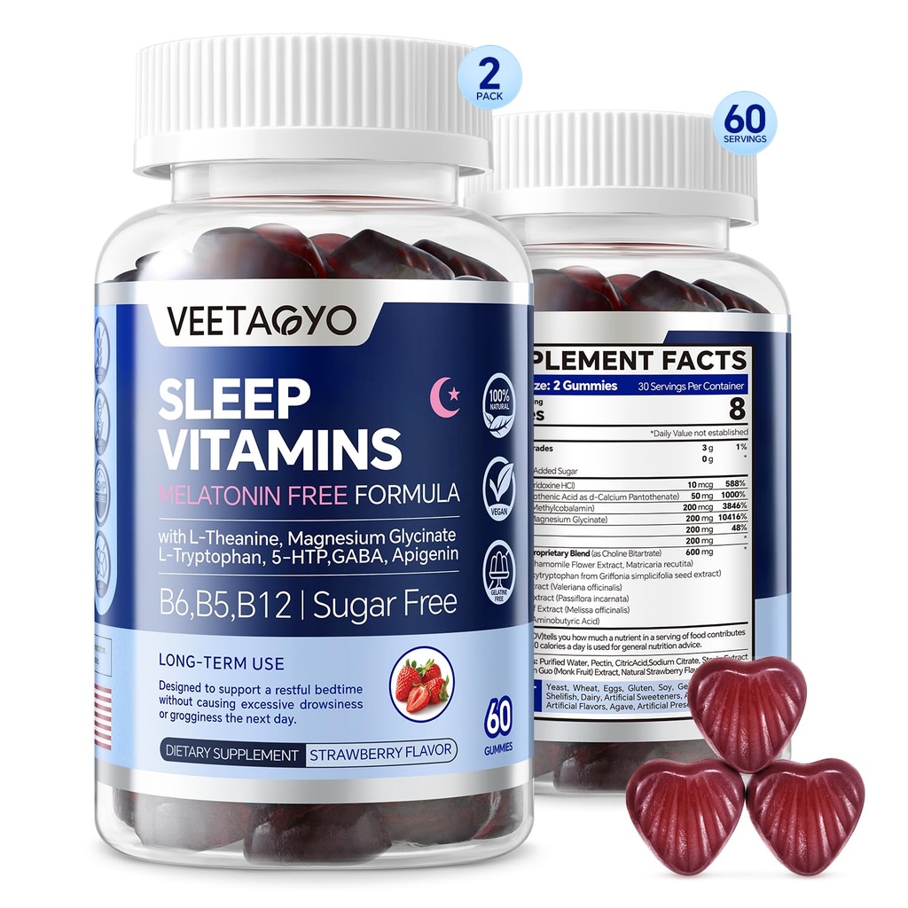 Melatonin gratis 5-HTP GABA Supplement Gummies for voksne og barn 12+ med L-theanin, magnesiumglycinat, L-Tryptophan, Apigenin - Sukkerfri, Strawberry Flavor, Vegan, 120 greve