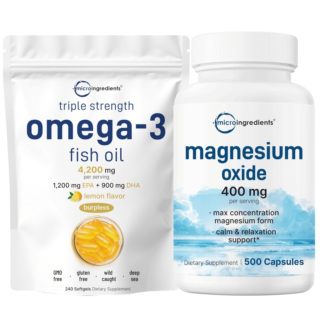 Micro Ingredienser Omega-3 Fish Oil 4200mg & Magnesiumoksid 400mg Bundle Pack ® Wild-Caught Fisk, Lemon Flavored, Burpless ® Elemental Form for Maks konsentrasjon