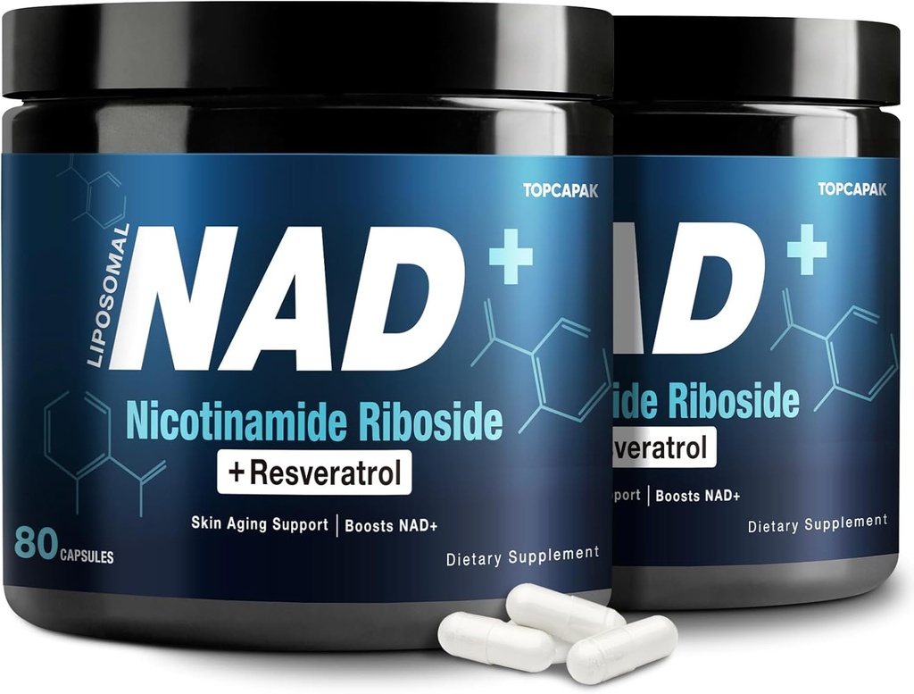 NAD + Supplement 1000mg - Nikotinamid Riboside (NR) og Resveratrol, Liposomal NAD av rene organiske ingredienser for kvinner og menn Sunn aldring, hjerne og cellulær energi, 80 kapsler (2Pcs)