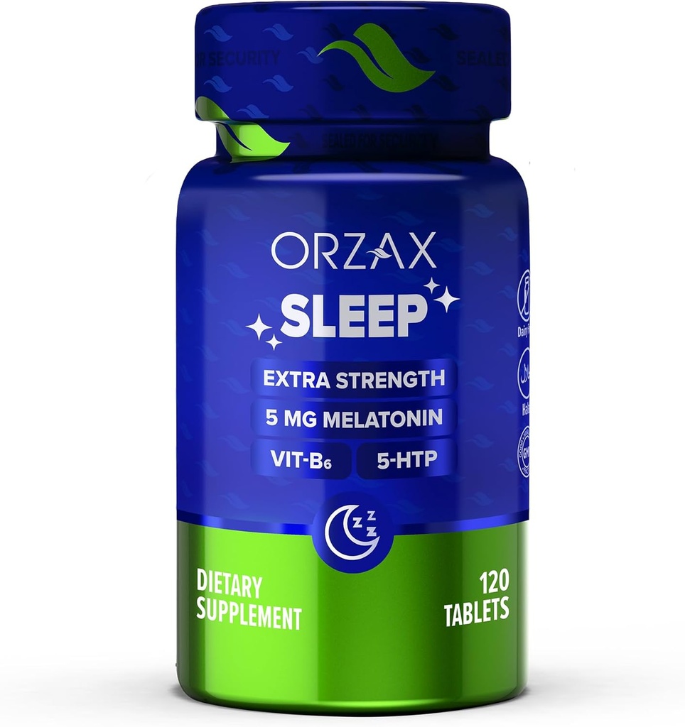 ORZAX Sleep - Melatonin 5 mg, vitamin B6 & 5-HTP Supplement - Restful Sleep Vitamins for voksne (120 tabletter)