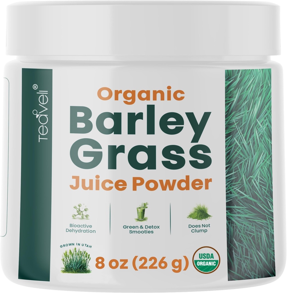 Teaveli Organic Barley Grass Juice pulver - Rå, Utah voksende Barley Grass Juice ekstrakt for detox-komplements Wheatgrass Juice-laget i USA uten gluten, tilsetningsmidler eller preservatives- 8 oz (226 gram)