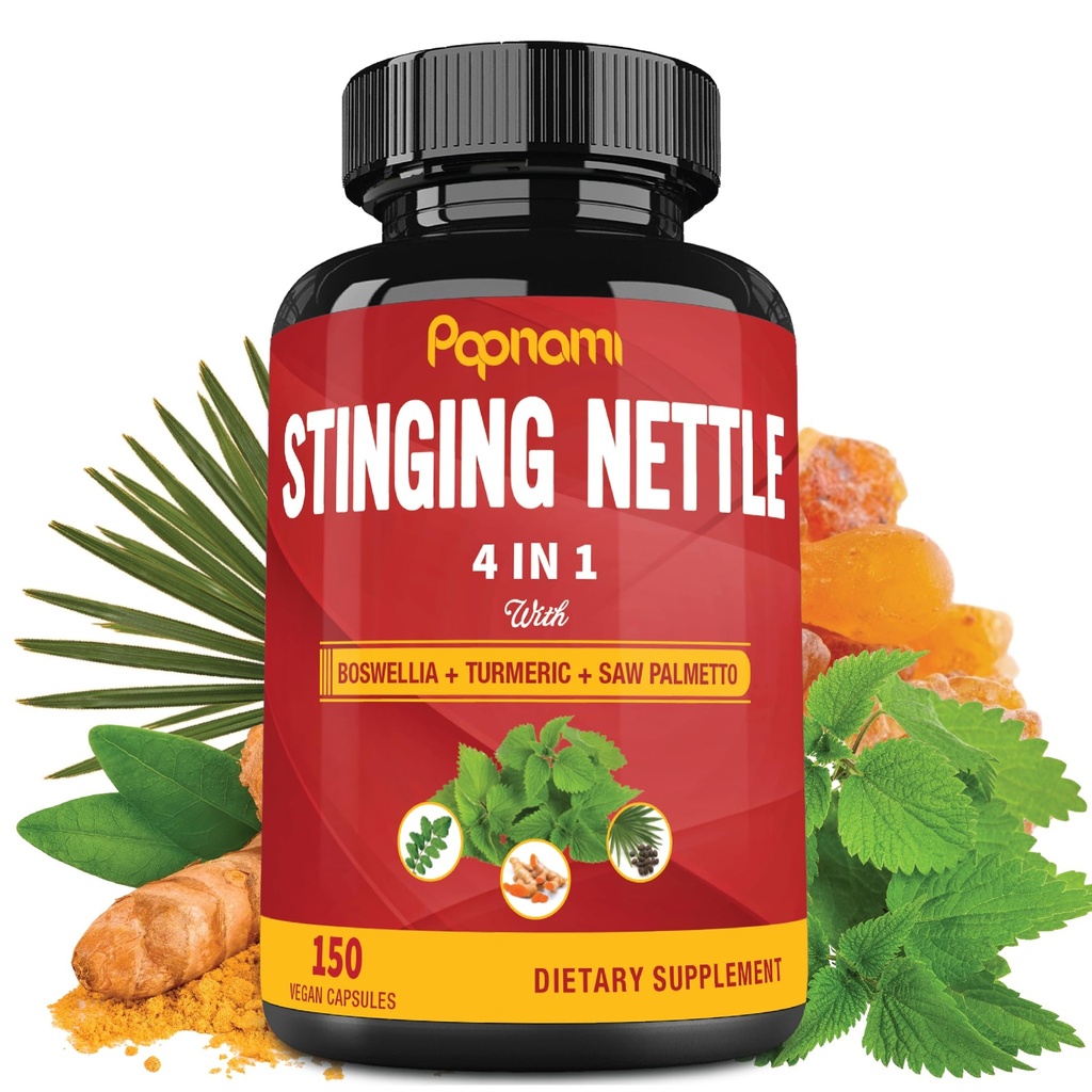 Stinging Nettle Extract Capsules - 4in1 Kombinert med Boswellia, Turmeric & Saw Palmetto - 150 Antall i 5 måneder - Støtter felles, Kroppsledelse, hud, hår og immunitet