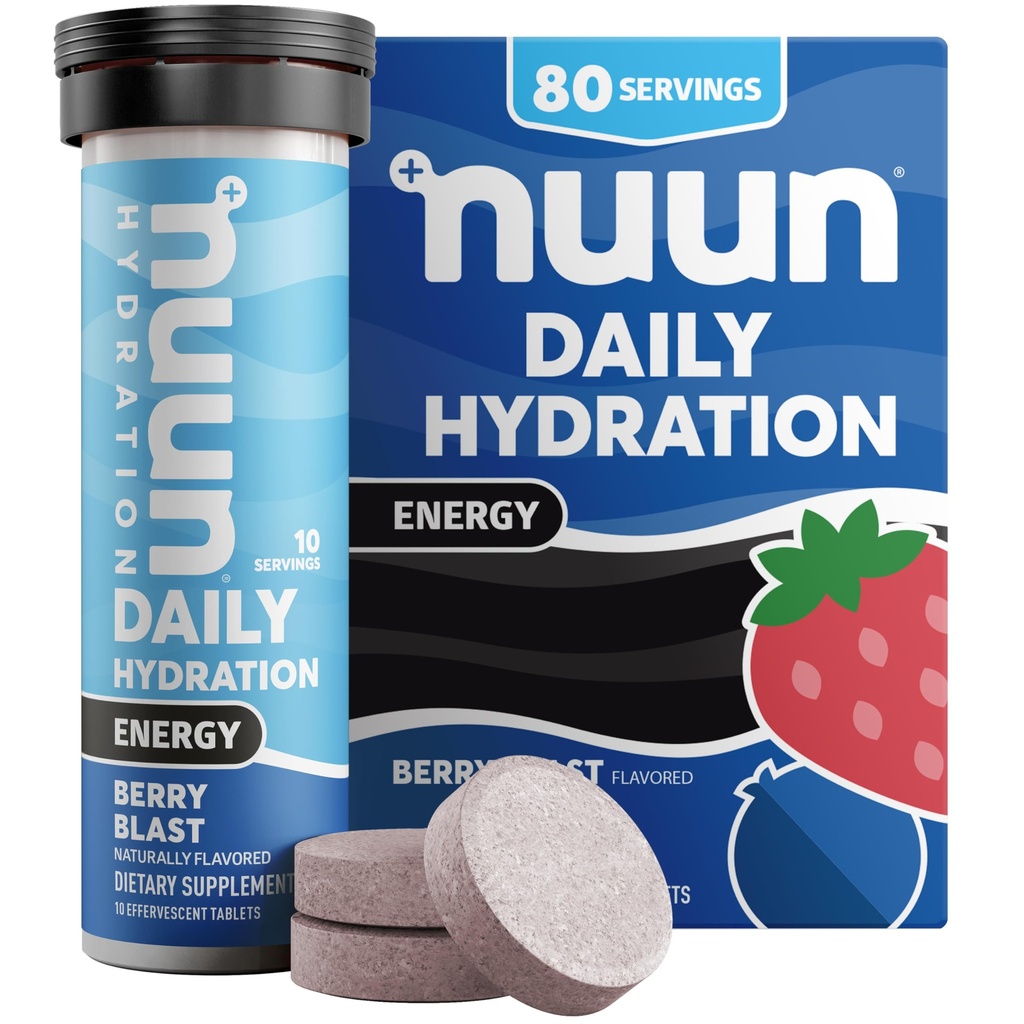Nuun Energy Electrolyte Tabletter med Ginseng, Koffein fra grønn te ekstrakt, Vitamin B12, B6, B5, Magnesium & 4 Andre elektrolyter, Glutenfri & Vegan, Berry Blast, 8 Pack (80 Serverer Totalt)