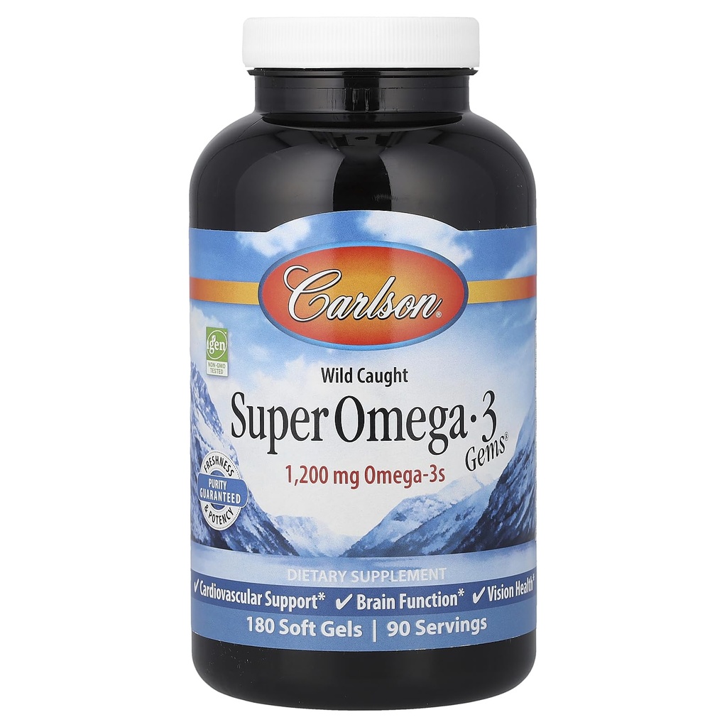 Carlson - Super Omega-3 Gems, 1200 mg Omega-3s, Cardiovaskulær støtte, hjernefunksjon og visjon helse, 180 myke geler
