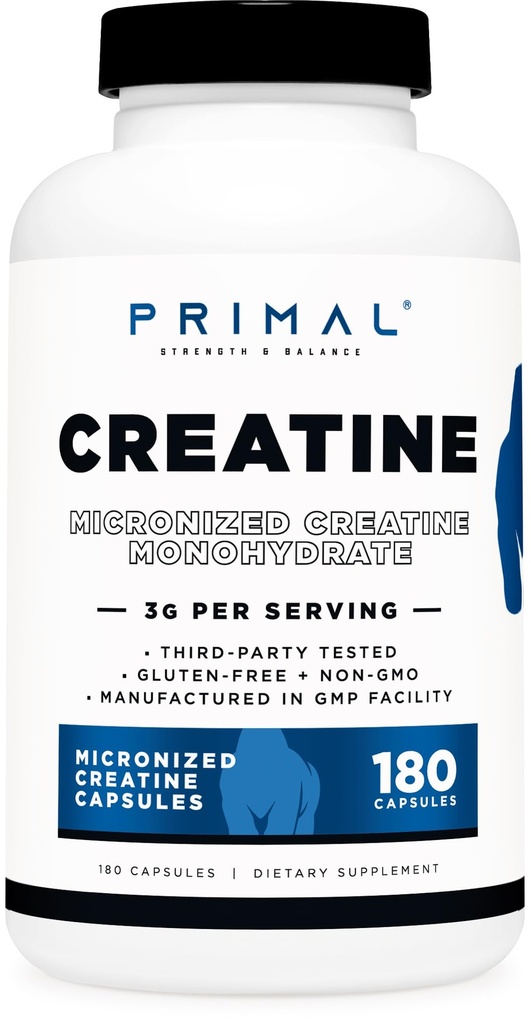 Primal kreatinmonohydrat (3 000 Mg, 180 Caps) - Mikronisert kreatin Supplement, 750 mg per kapsel, flott for preworkout og gjenoppretting - Glutenfri, ikke-GMO
