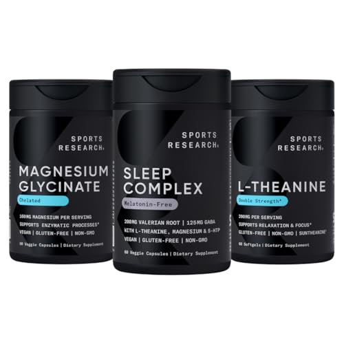 Idrettsforskning Dobbel styrke L-Theanine Supplement Softgels for fokus & avslapping, magnesiumglykinat for hvilelig søvn og enzymatiske prosesser + søvnkompleks Melatonin-fri vegansk kapsler