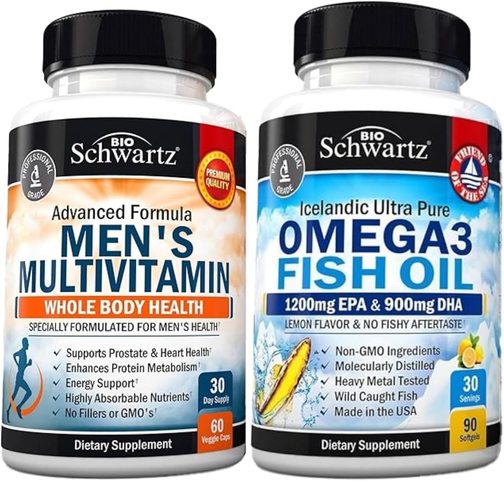 Advanced Daily Men's Multivitamin med vitamin C A B D3 E og sink (1 måneds forsyning) Plus trippel styrke Omega 3 Fish Oil Softgels (1 måneds forsyning)
