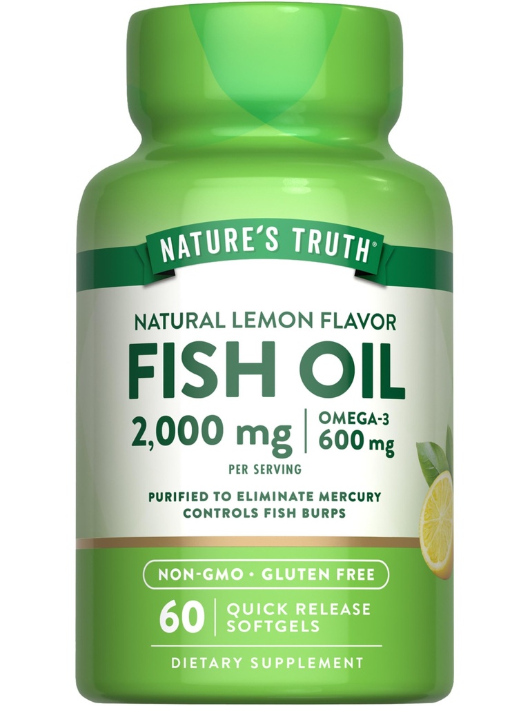 Naturens sannhet Fish Oil Omega 3 Supplement | 2000mg | 60 Softgels | EPA & DHA | Lemon Flavor | Ikke-GMO og Glutenfri