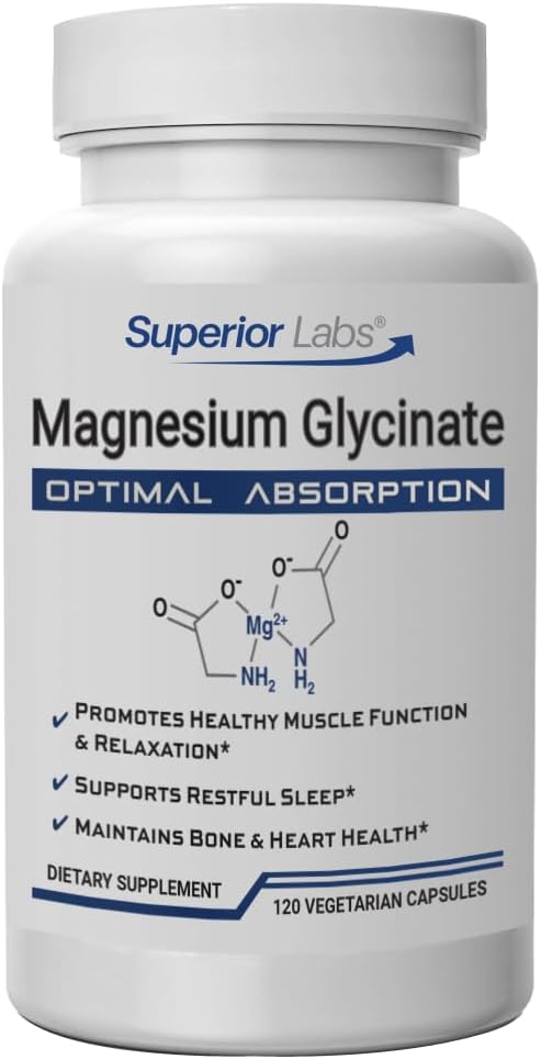 Superior Labs Magnesium Glycinat 1250 mg, høyabsorpsjon, ren ikke-GMO, støtter kvalitet søvn, Eases muskel kramper, bein og hjerte helse,120 Veg Caps