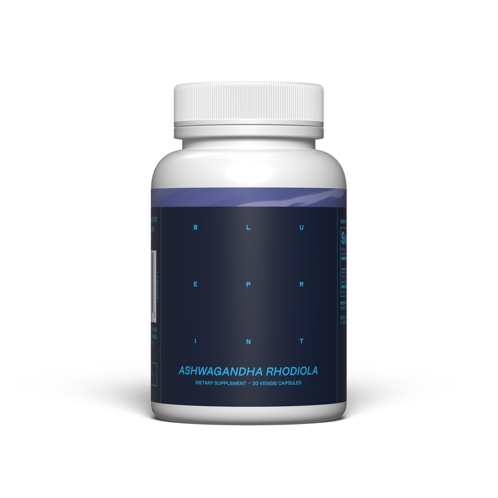 Blueprint Bryan Johnson Ashwagandha & Rhodiola Supplement – 120 mg Ashwagandha + Rhodiola Root – Daglig Adaptogen Kapsler for Stress Støtte, Mood Balance, Energi & Fokus – 30 Vegansk Kapsler
