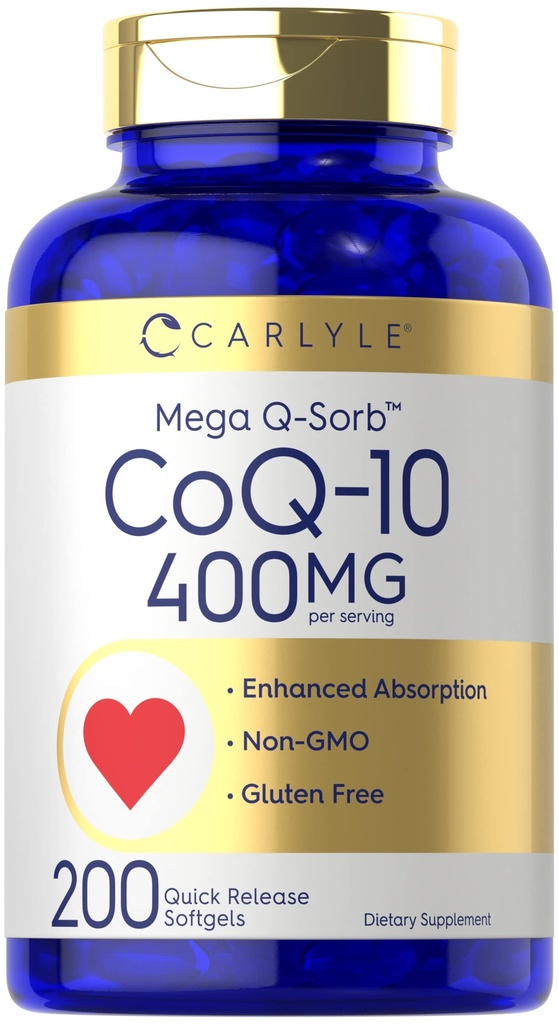 Carlyle CoQ10 400mg Softgels | 200 greve | Høy absorpsjon Coenzym Q10 | med svart pepper ekstrakt | Ikke-GMO og glutenfri supplement