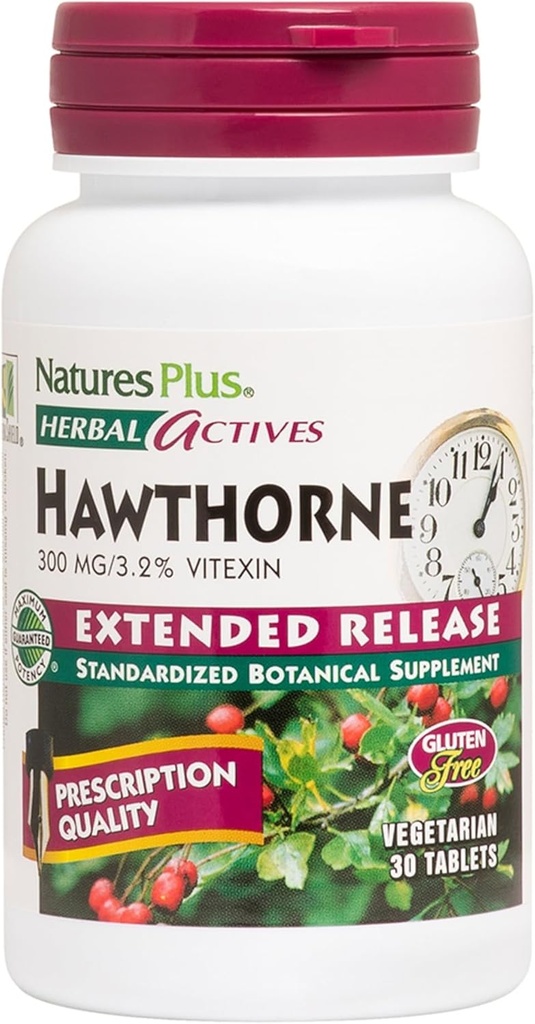 Natures Plus Herbal Actives Hawthorne - 300 mg, 3,2% Vitexin, 30 Vegan tabletter - 30 Services