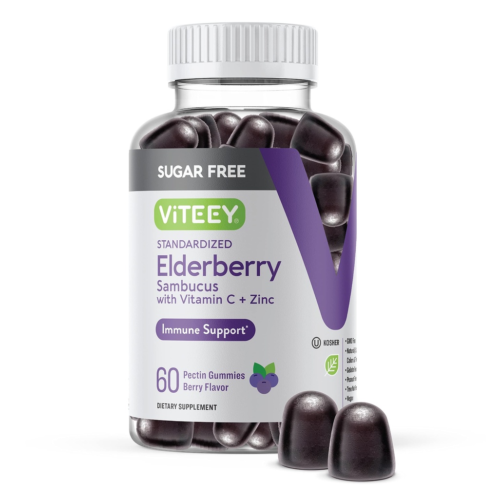 VITEEY Sambucus Elderberry Gummies for voksne og tenåringer + sink & vitamin C - sukker gratis - Immun Support & Booster Herbal Supplement - Vegan, Glutenfri, Gelatinfri, GMO Gratis, Chewable Berry Flavored