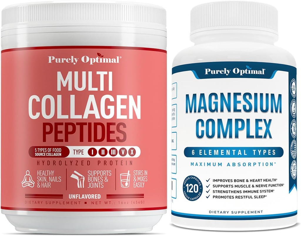 Purely Optimal Premium Multi collagen pulver + Premium Magnesium Complex - Magnesium Citrat, Malat, Muskelavslapning - 120 caps