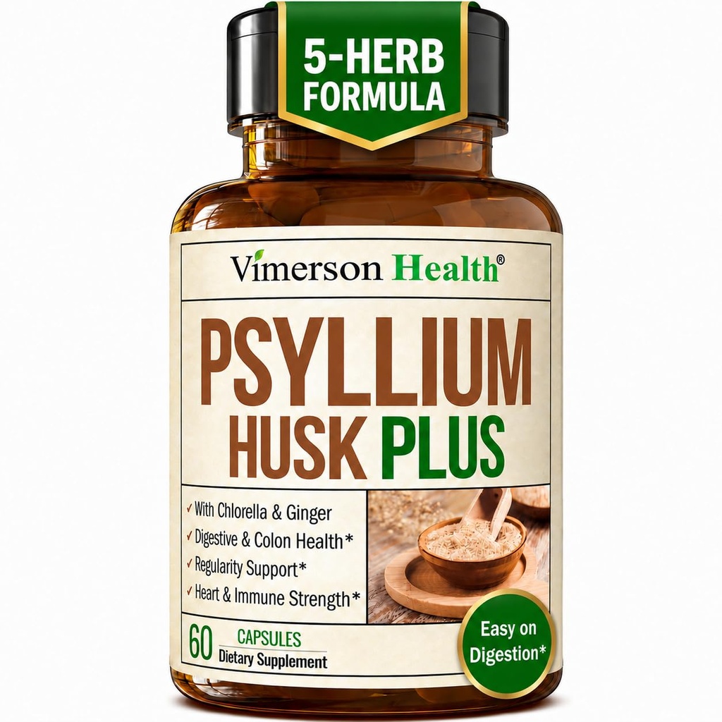 Fiber Supplement med 1080mg Psyllium Husk pulver, Slippery Elm for kvinner og menn, Ginger Root - høy fiber piller for regelmessighet, Digestiv & Gut helse – Gentle på magen 60 Psyllium Husk kapsler