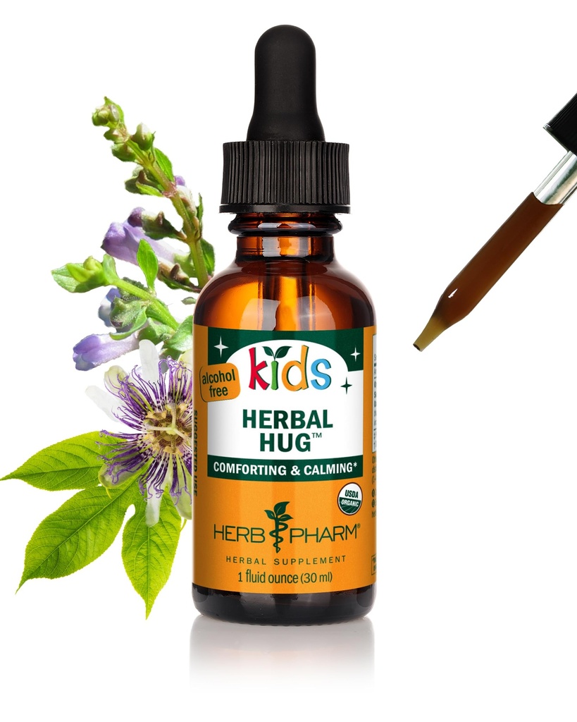 Herb Pharm Organic Kids Herbal Hug: Nervesystem Støtte med Skullcap, Passionflower, Mullein og havrefrø | Hurtigabsorbering og alkohol-fri, Kid-vennlig smak, ekstrakt for barn, 1 oz*