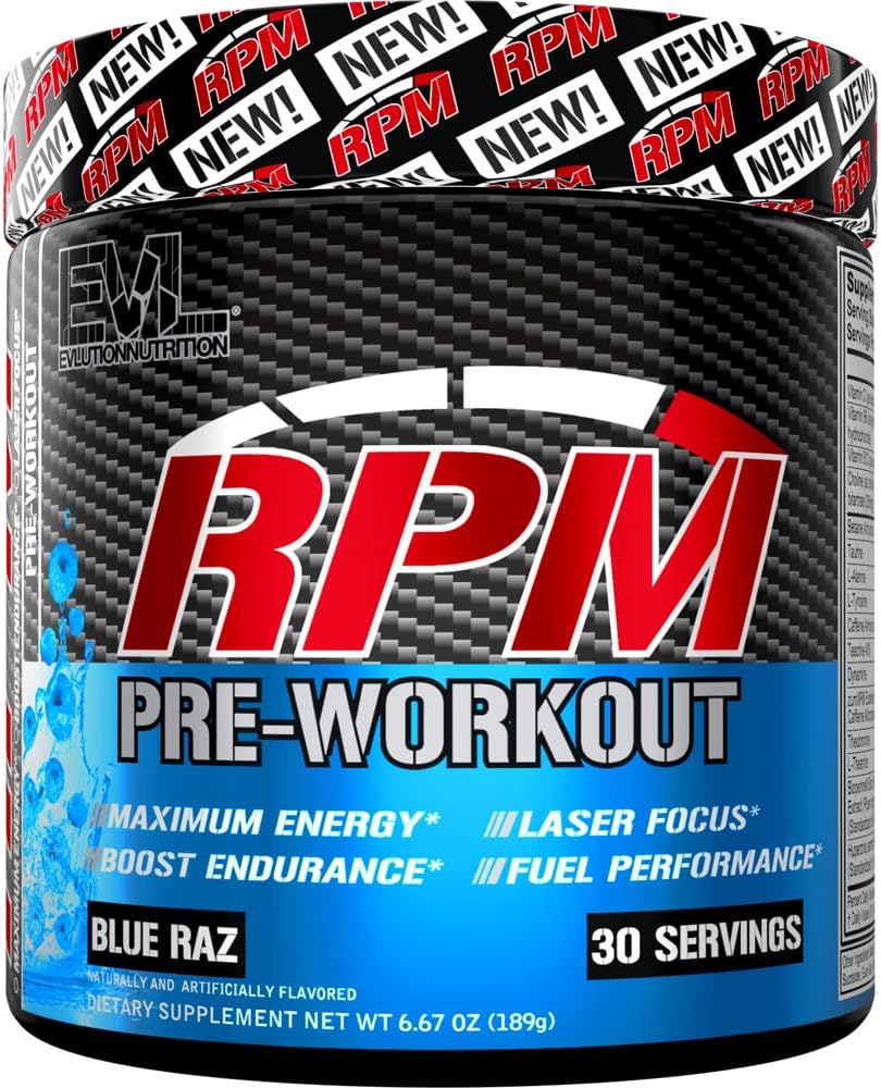 Pre Workout pulver for energi og fokus - EVL RPM Energi Pre Workout Energi drikke pulver med Betaine Alanine kaffe og teacrin - Preworkout pulver drikk for forsterket ytelse (Blue Raz)