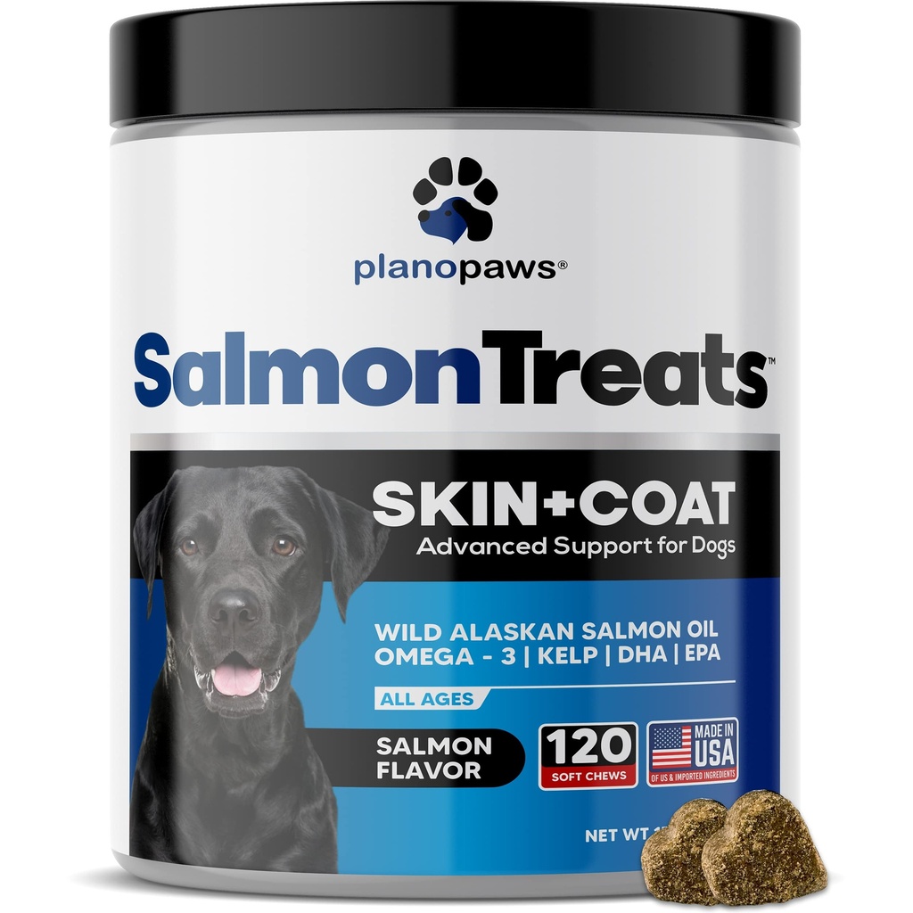 Wild Alaskan salmonolje for hunder - Hundehud og Coat Supplement - Shedding og kløe Relief for hunder - Omega 3 Fiskolje for hunder Chews - 120 Hundeallergi Chews - Hunde Shedding Supplement - Hundevitaminer