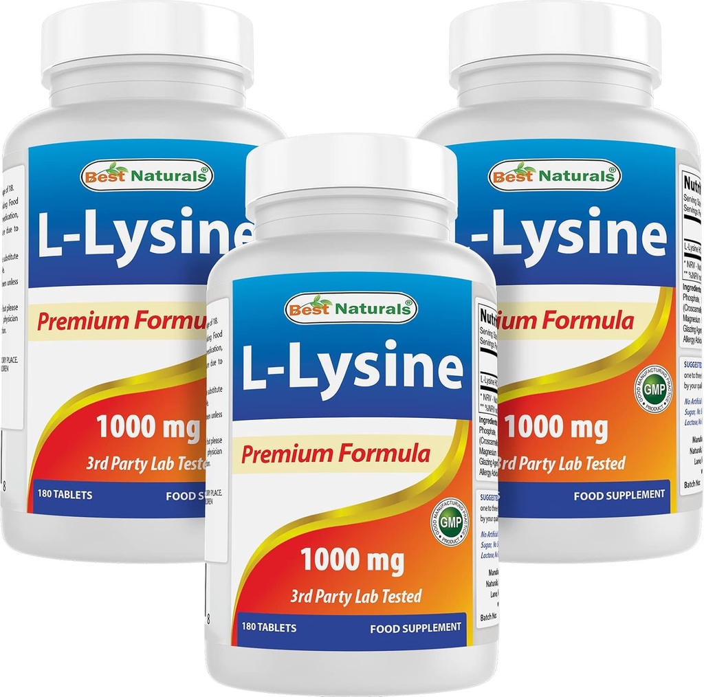 Beste Naturals L-Lysine 1000mg 180 tabletter (180 greve (pakke med 1)) (3 flasker)