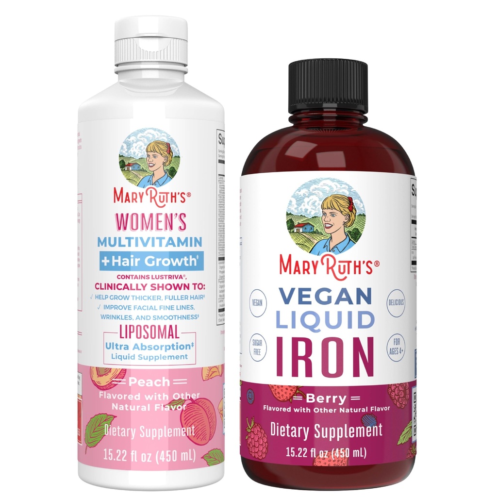 MaryRuths flervitamin + hårvekst Liposomal (Peach) & jernvæske (Berry) | Clean Label Project Verifisert® | Kosttilskudd for skjønnhet, immunitet, og generell helse | Vegan, ikke-GMO, Glutenfri
