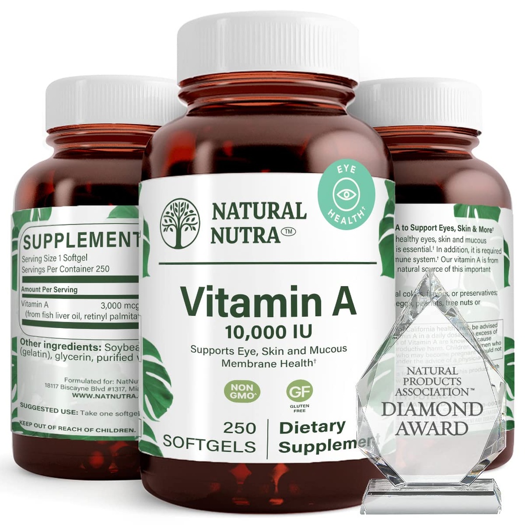 Natural Nutra Vitamin A 10,000 IU Softgels – High Potency Eye and Skin Vitamins – Gluten-Free Vitamin A Supplement for Sight & Skin Health – Fish Liver Oil for Men and Women, Gluten Free, 250 Softgels