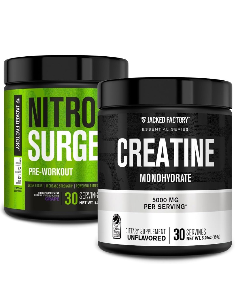 Jacked Factory NITROSURGE Pre Workout Supplement (Grape, 30 Serveringer) & Kreatin Monohydrat pulver (Uflavored, 30 Serveringer)