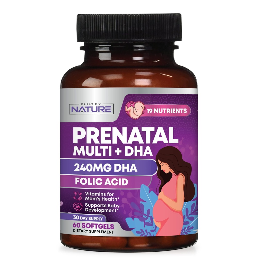 Prenatal vitaminer for kvinner - Multivitamin med DHA, Folinsyre, vitamin C, B12, jern og omega-3 - Før, under og etter graviditet Supplement for sunn vekst og hjerneutvikling - 60 Softgels