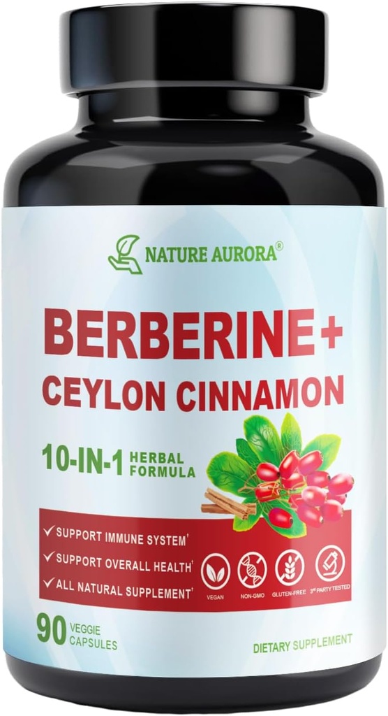 Berberine Supplement med Ceylon Cinnamon & Chromium Picolinat, 10-i-1 Berberine 1000 mg Per servering, Berberine 5X for metabolisme, hjerte og immun støtte (90 kapsler)
