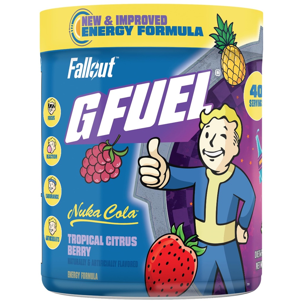 G Drivstoff Nuka Cola Energipulver, sukkerfri, ren koffein fokus Supplement, vannmiks, Tropisk Citrus Berry Flavor, Focus Amino, Vitamin + Antioksidanter blanding - 9,8 oz (40 Serveringer)