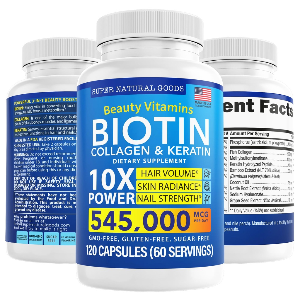 Biotin og collagen vitaminer + Keratin med folium - hår tap behandlinger for kvinner og menn - Follicle, hud og negle kosttilskudd for hårvekst og postpartum støtte - GMO gratis og glutenfri (120 Caps)