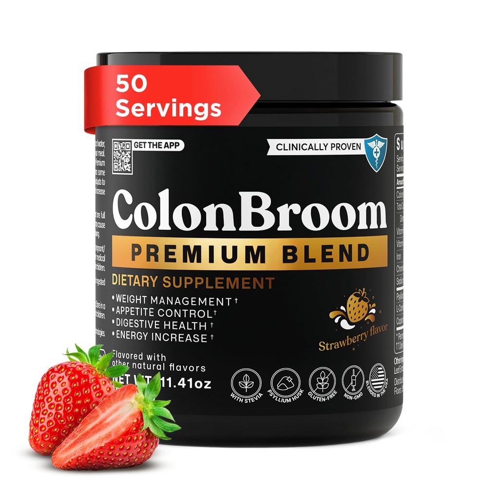 ColonBroom Premium pulver Supplement (Strawberry) - Colon Broom Psyllium Husk Fiber Powder Drink - Glutenfri, ikke-GMO Colon rengjøring for gloating relief & Gut Helse, 50 Serveringer