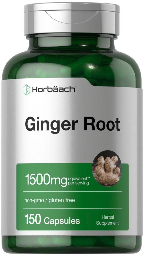 Horbäach Ginger Root Capsules 1500 mg | 150 piller | Ikke-GMO, Glutenfri | Ginger Root Extract
