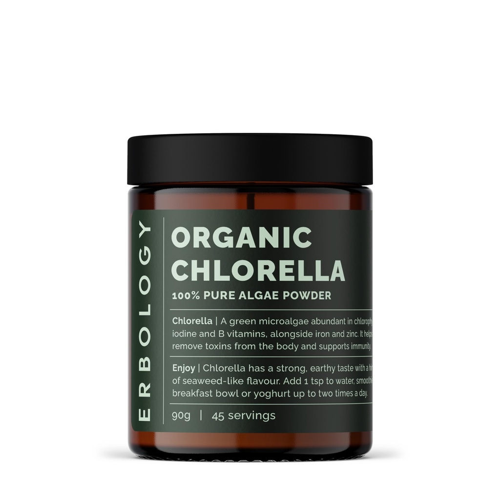 Erbologi Økologisk Klorella Powder 3.2 oz - 45 Serveringer - Stabilt utgitt i Spania - Body Cleansing og immunitetsstøtte - Rich i Klorophyll, B vitaminer, jern og fosfor - Vegan - GMO-fri