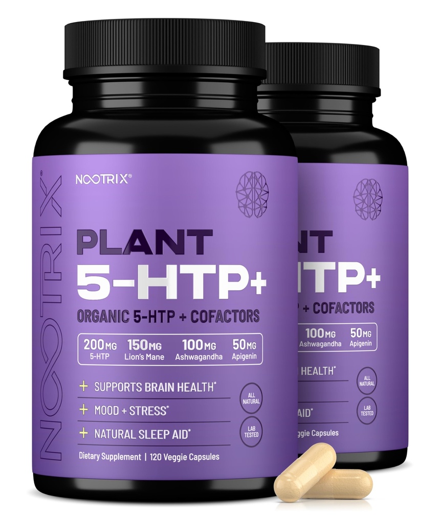 Nootrix Organic Plant 5 HTP+ Supplement | Støtter hukommelse, mental fokus, kognitiv helse og energi | fremmer sunn humør og hjernefunksjon | Vitamin B6 & L teanin | 240 kapsler