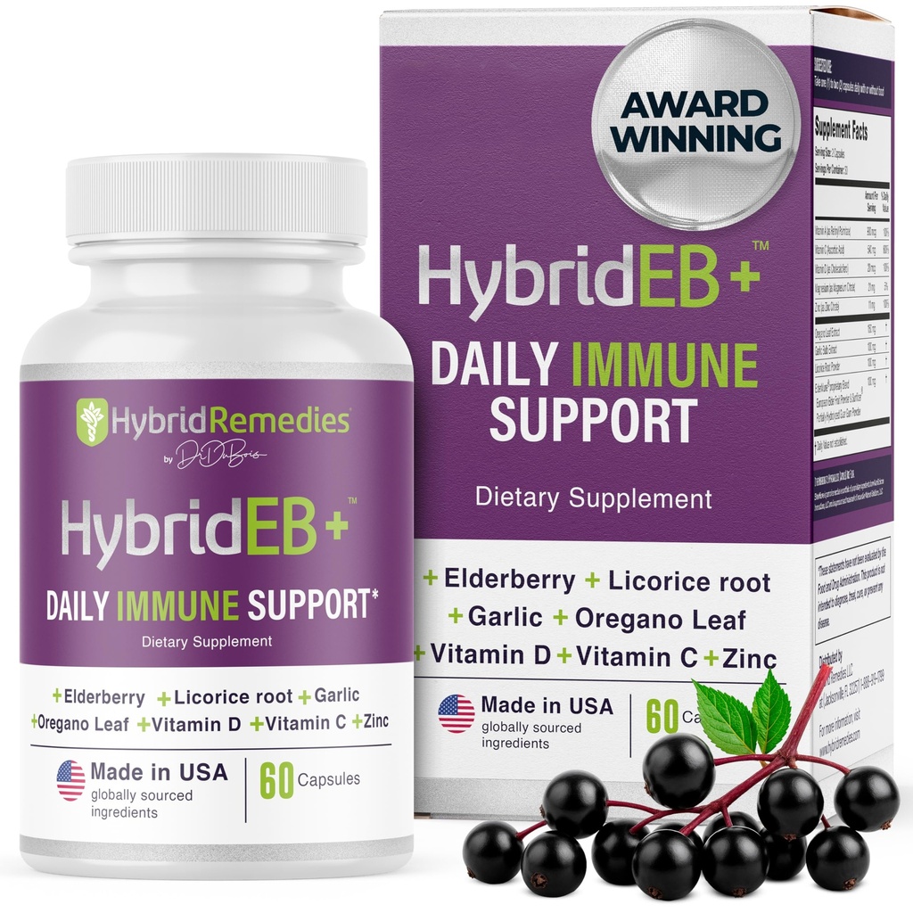 HybridEB Sambucus eldrebær immun støtte med vitamin C, sink, vitamin D3 - Antioksidant og immunforsvar Supplement, 1 måned forsyning - 9 i 1 svart eldrebær barn og voksne - 60 kapsler