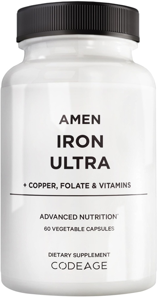 Amen Jern Ultra Supplement + Kobber, Folat, Vitamin C og B12-2-Month Supply - Ferrous Sulfat Jern Vitamin - 65 mg Per Serving - Folinsyre - Ikke-GMO piller - 60 kapsler