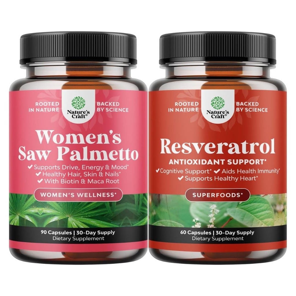Bundle av kvinners så Palmetto og resveratrol Supplement - så Palmetto ekstrahere kapsler med Maca Root & Biotin for håravfall og AMPK Metabolic aktivator for metabolisme Boost & Cellular effektivitet