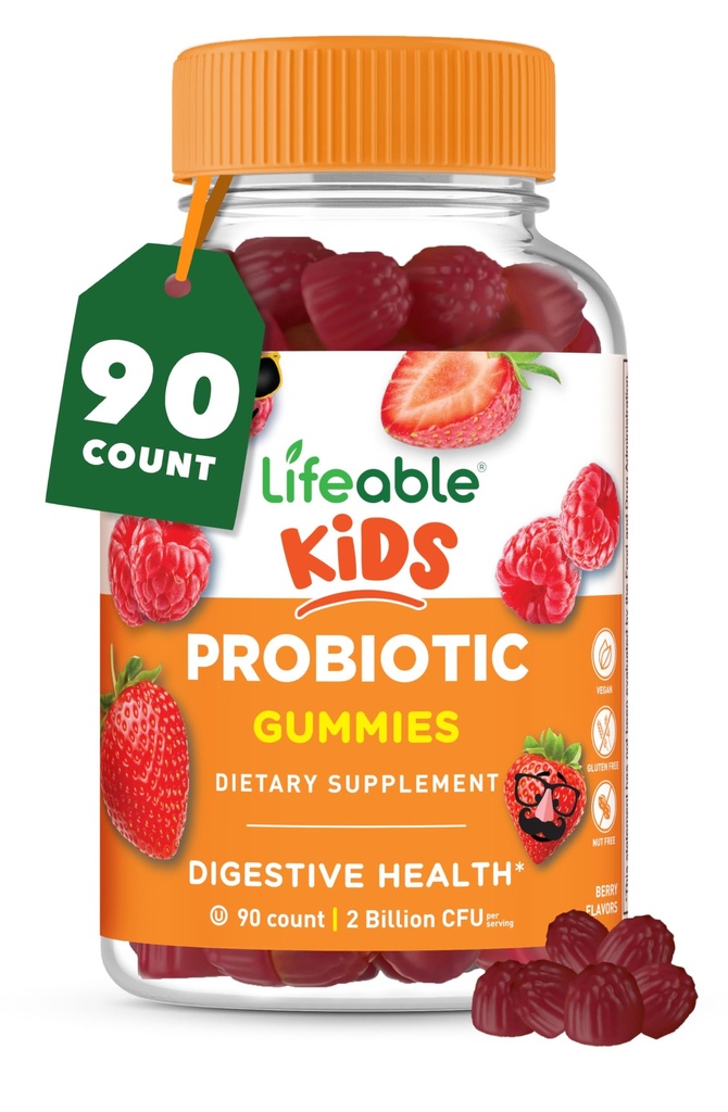 Kids Probiotics Gummies | 2 milliarder CFU | Great Tasting Kids Probiotic Gummies | For Gut Helse, Digestiv Støtte og Immunstøtte | 90 Probiotic Gummies for barn og barn | Livlig