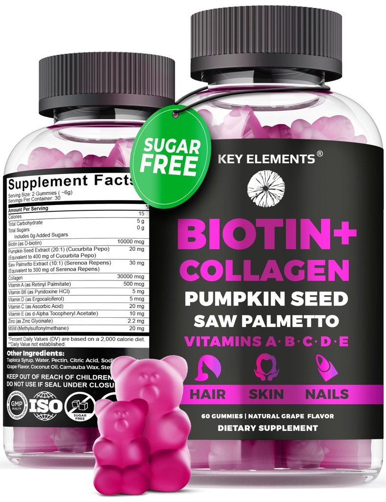 Håret Hud og negler 10000mcg Gummies & collagen Gummies - Biotin Vitaminer for hårvekst Pumpkin Seed Oil, Sag Palmetto Ekstrakt & vitaminer A B6 C D E - Biotin og kollagen Supplements