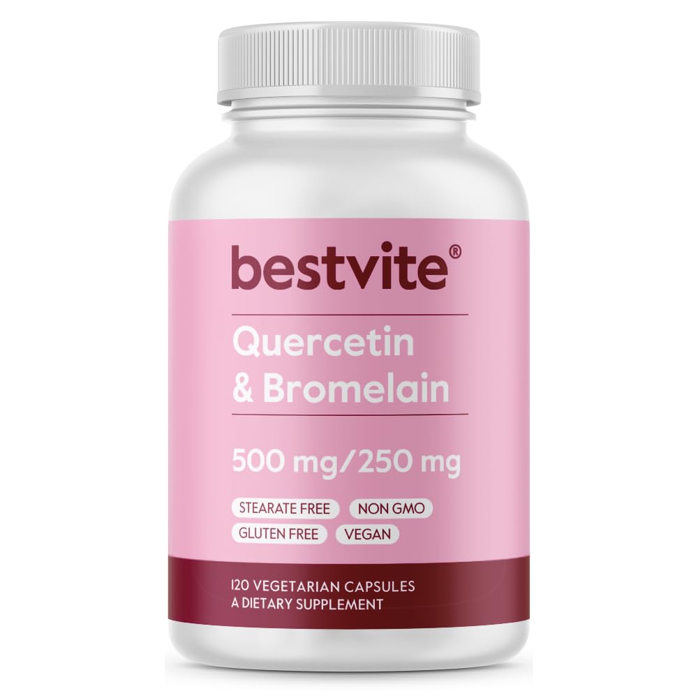 BESTVITE Quercetin med Bromelain 500mg/250mg (120 vegetariske kapsler) - Ingen stearates - Ingen siliciumdioksid - Vegan - Ikke GMO - Glutenfri