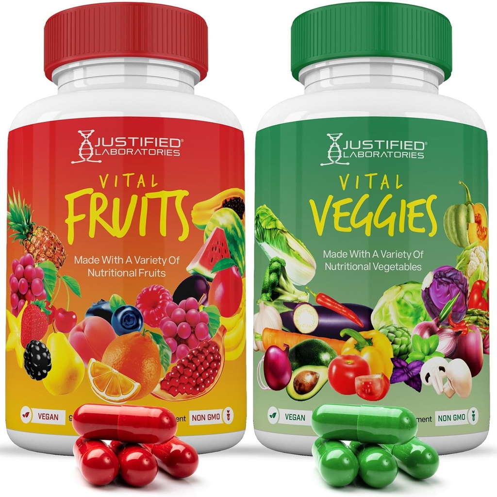 Justifiserte Laboratories (sett av 2 vitale frukter og grønnsaker Supplement Rød & Grønn Supermat Hele maten ikke GMO Vegan Vennlig 180 Veggie kapsler 2 flasker
