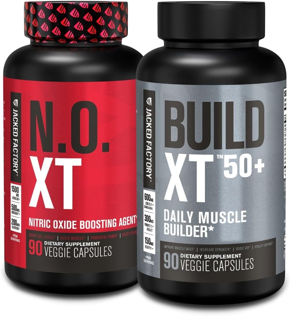 Jacked Factory N.O. XT Nitric Oxid Supplement (90 Kapsler) & Bygg XT 50+ Daglig muskelbygger (90 Kapsler) for muskelvekst, pumper, Vitalty, & Recovery
