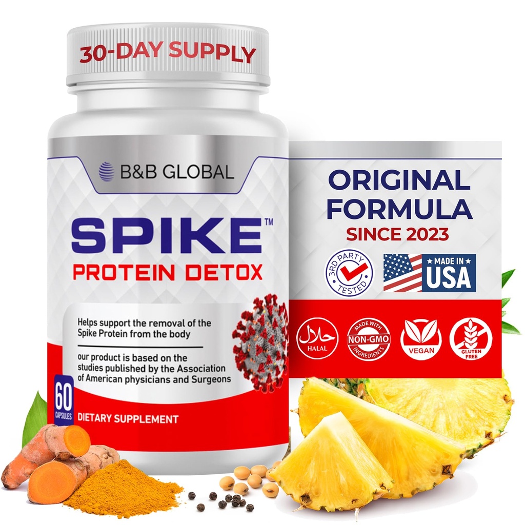 Spike Protein Detox - Spike støtte Supplement for proteinbalanse - Unflavored 3-i-1 blanding med Nattokinase 4000Fu, Bromelain 500mg, Curcumin 1000mg - laget i USA - 60 kapsler, 30 dagers forsyning