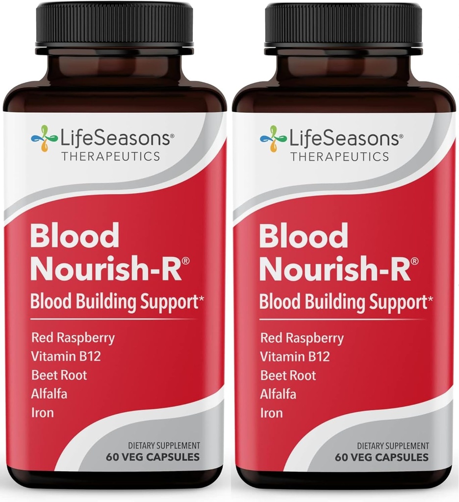LifeSeasons Blood Nourish-R - jerntilskudd - Ikke-forstoppende - støtter anemi, tretthet, blemhet og svimmelhet - Blodbygging - jern, Alfafa, bringebær og vitamin B-12-60 kapsler (pakke med 2)
