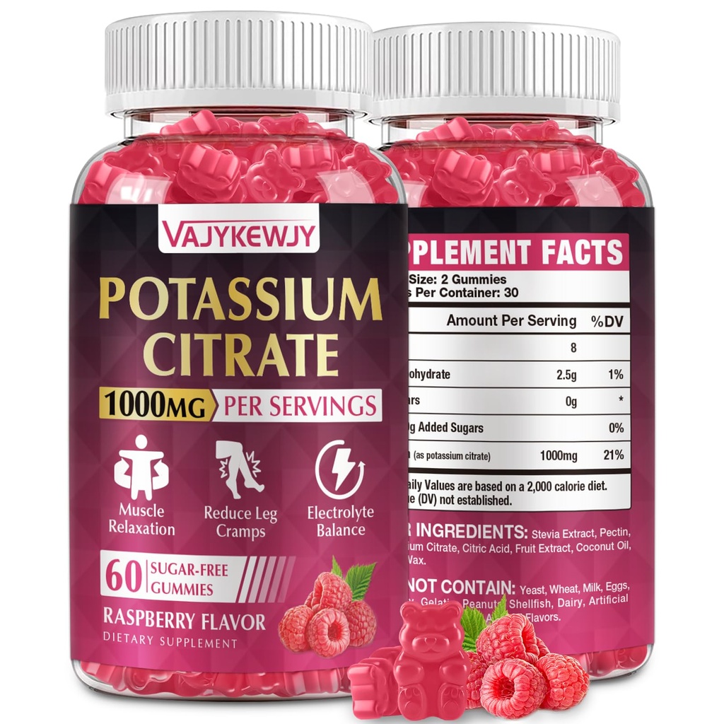 Kalium Citrat Gummier, høy Kalium Supplement (1000mg), støtter benkramper og muskel helse, egnet for voksne og barn, Vegan, ikke-GMO, 60-talls